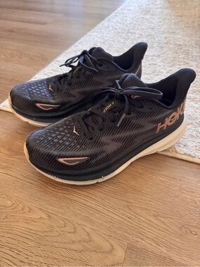 Clifton 9 Hoka Black and Rose Gold Running Shoes